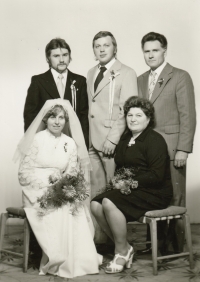 Wedding, top row from the left: sons Zdeněk, Mirek and the witness, bottom row: Zdeněk's wife together with the wife of the witness, 1970s