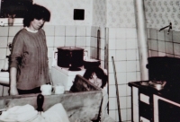 With her sister Marta Lášková, nee Smetánková, left, at a pig slaughter, Šiškovice, late 1980s

