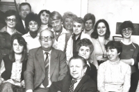 Programme headquarters of Czechoslovak Radio during the normalization period. Jana Procházková is at rear centre, with chief Pavel Nyklas in the front
