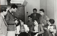 Jan Procházka (second left) during a shift meeting at Czechoslovak Radio, Prague 1960
