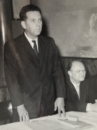 Jan Procházka speaking as the head of the radio in Plzeň, 1963