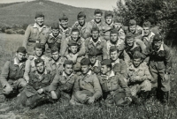 Josef Prejda with his military unit in Slovakia, standing third from the right in the top row. 1956