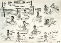 Military service photo board from Hodonín, 1957. Josef Prejda is near centre with the verse: "No beer left, brothers, our service is coming to a close"