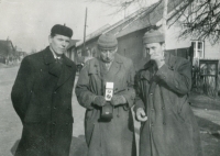 Main road in Uhlířov in the lower part of the village. The house on the right belongs to the Tichý family. Standing left to right: Josef Prejda, Josef Tichý and Jaroslav Montag. Circa mid-1950s