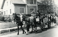 May Day parade. Vladimír Prejda is the coachman in front of the Tichý house, 1961