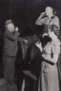 Wine tasting at the Waldesduft Hotel in Klentnice, with grandfather Florian above, pre-World War II
