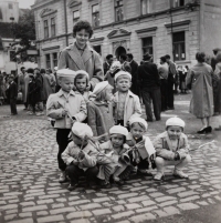 Marie Mühlberger on a trip with children from the children's home in Jaroslavice (1960s)