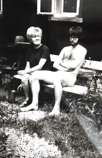 Jana Procházková and son Martin at their cottage, 1980s