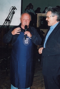 Left to right: Jiří Severin with the director of the Distillery Museum in Vlčnov, 1990