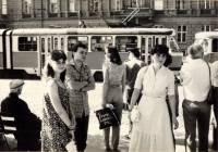 Anna Ondračková (in light dress) with classmates on the street in Brno, 1983