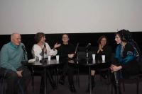From left to right: Eero Balk (translator), Natalia Teramae (manager), Ruslana Khazipova (actress), Aliona Demianenko (director), Sofi Oksanen (writer) at the Ukrainian Film Days festival, 2019
