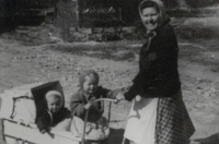 Eva Šestáková's mother with her daughters Eva and Zorka, Zahájí, 1951