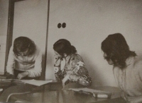 On the left, at her first teaching position at the gymnasium in Holice, school year 1972/73