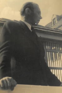 Photograph of Václav Šesták, father of Eva Šestáková, after a performance at the local National committee; place: Zahájí; period: probably 1946