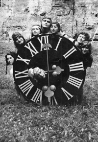 Repairing the castle clock at Houska Castle, 1973
