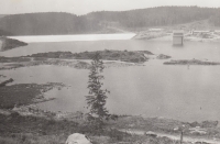 Filling of the Josefův Důl Waterworks Reservoir. The picture shows the main dam and the associated building, around 1981