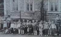 Marie Pešková (far left) joining first grade, Horní Planá