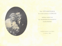 Wedding photograph of Eva Šestáková's maternal grandparents, Vít Havelka and Ludmila Havelková, née Kořínková, January 1921