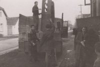 Theatre troupe taking the truck to a show, 1950