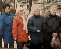 Jaromíra Buřtová (third from the left) walking in Prague with her friends and Meda Mládková, 1990s