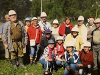 Witness (middle row, centre, wearing a red sweatshirt and helmet) at a protest against the demolition of Horní Jiřetín, 1990s