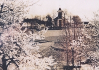 St. Catherine's Church in Kačerov with a cherry alley, 1937; the alley has been cut down