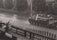 Invasion tank photographed from the balcony of an apartment in Černokostelecka Street, Prague, 21 August 1968