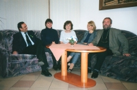 Petr Dujka's 50th birthday party, left to right: Petr Dujka, sister Monika, mother Eleonora, sister Markéta, brother Michal, 2001