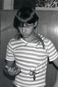 Witness at home with stick insects, 1988