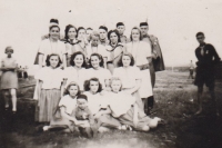 Sokol sports games, Jaroslava Červenková is second right in the second row, 1945