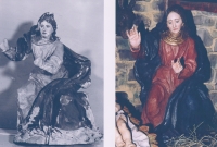 The Kačerov nativity scene before and after restoration; Virgin Mary above the Baby Jesus