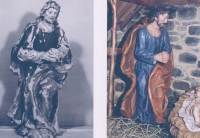Kačerov nativity scene before and after restoration; St. Joseph's statuette