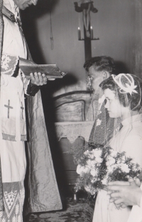 Marie Satrapová during the wedding blessing in St. Catherine's Church in Kačerov, 1960