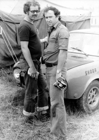 On the right Jaroslav Veis with his colleague Miroslav Martinovský making a reportage from a children's camp, late 1970s