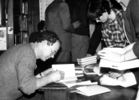 Jaroslav Veis signing the anthology of science fiction he compiled and published by Mladá fronta, second half of the 1980s

