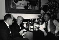 Celebration of Bohuslav Fuchs' sixtieth birthday (24.3.1955). From left: Sáva Střelec (Bohuslav Fuchs' brother-in-law), Bohuslav Fuchs, Gustav Fuchs (Bohuslav Fuchs' brother)