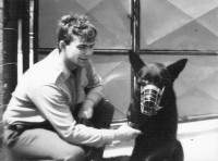 Border Guard officer Josef Basovník with his service dog, Valtice, 1985