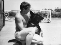 Border Guard officer Josef Basovník with his service dog, Valtice, 1985