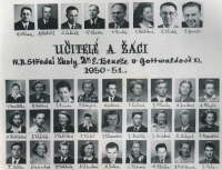 Graduation photo board of the Dr. E. Beneš Secondary School in Gottwaldov, Karel Müller, bottom left, ca. 1950-1951