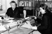 Růžena Haidlová as an accountant in an agricultural machinery repair shop, 1959