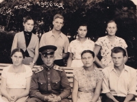 Class reunion in the city park, 1956. Oleksa Riznykiv is seated on the far right