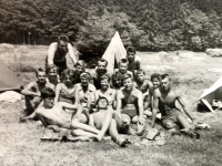 Apprentices of Jihlava's Tesla and Josef Bartík standing on the left, 1950s