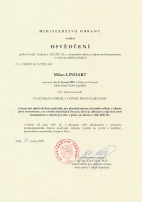 Milan Linhart's certificate of involvement in the Third Resistance