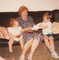 Mother with grandchildren Rose and Henry, Bristol, UK