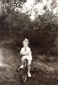 Marie Urbanová on a tricycle, 1951