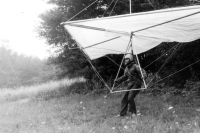 Jaroslav Obročník on a hang-glider at Raná, circa 1979