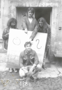 After the exhibition, Luboš Plný in the middle, 1984