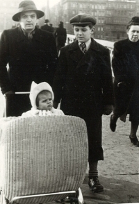 Růžena Hajnová (in a pram) with her mother and brother Mirek