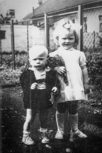 A witness with his sister Libuše in the garden of their grandparents, Dobrá u Frýdku-Místku, ca. 1962