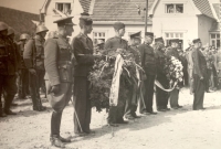 The obelisk was erected as a memorial to the fallen in the First World War. Railway station in Telč and Josef Bartík senior last in the end of the row, 1920s